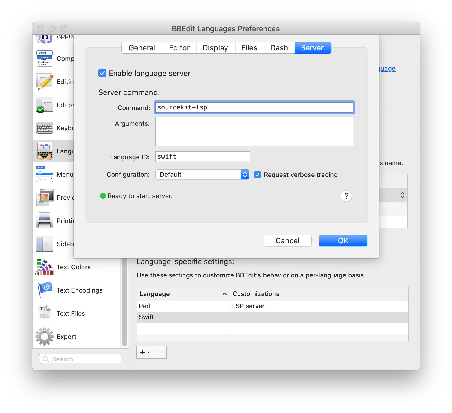 Language server configuration for Swift
